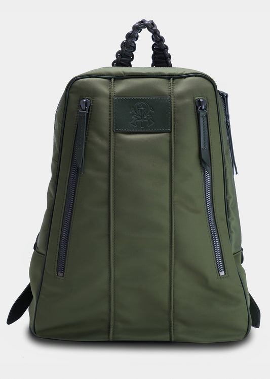 Savant Olive-Green Nylon Backpack with Leather Trim, Small