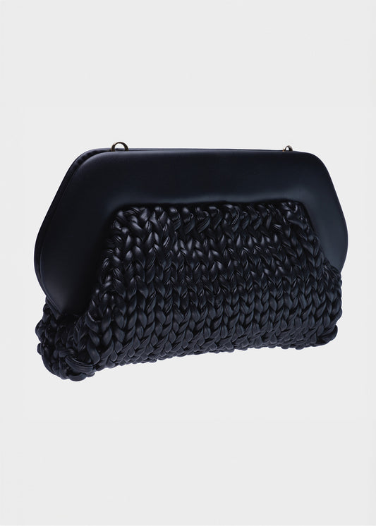 Themoire Cable Knit Black Vegan Leather Satchel Bag
